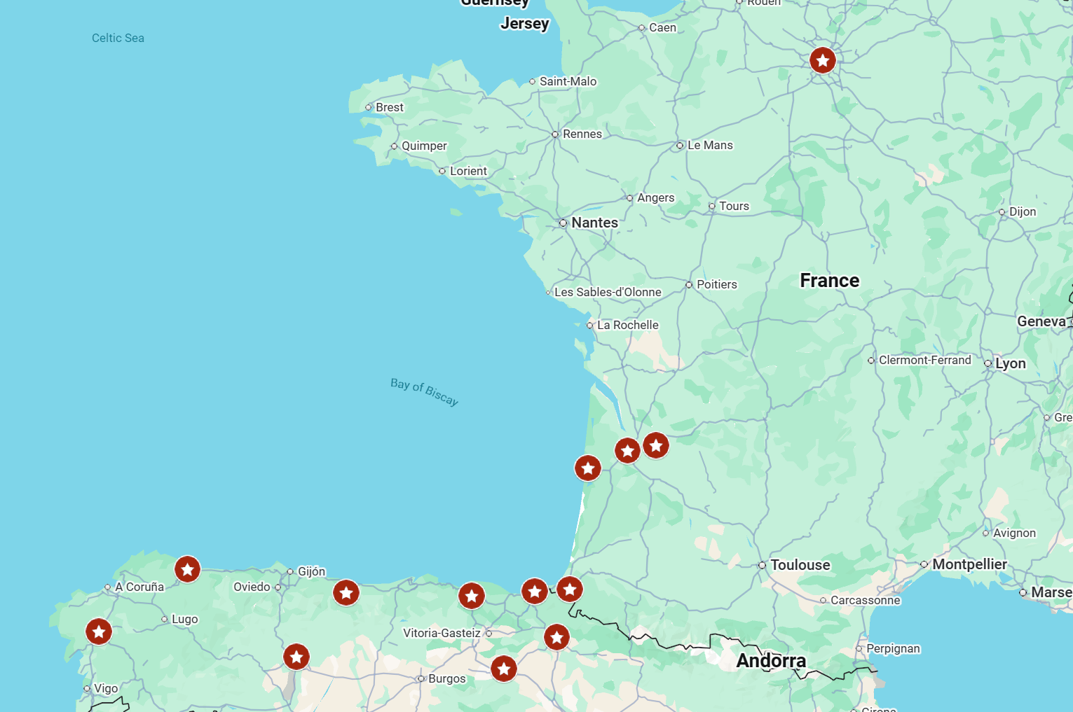 Map showing our 2025 stops in France and Spain