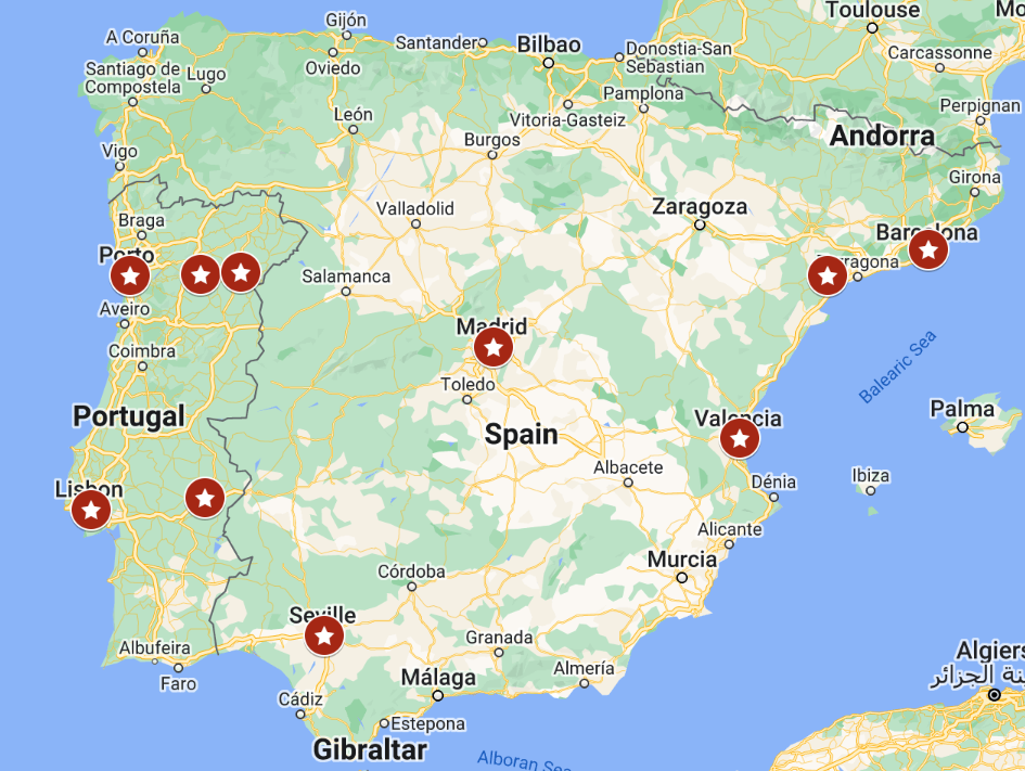 Map showing our 2024 stops in Spain and Portugal