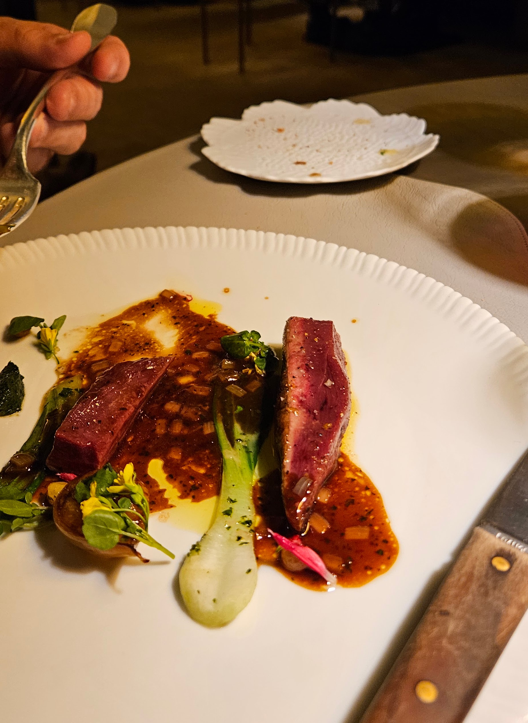 Duck breast with rich broth and baby bok choy
