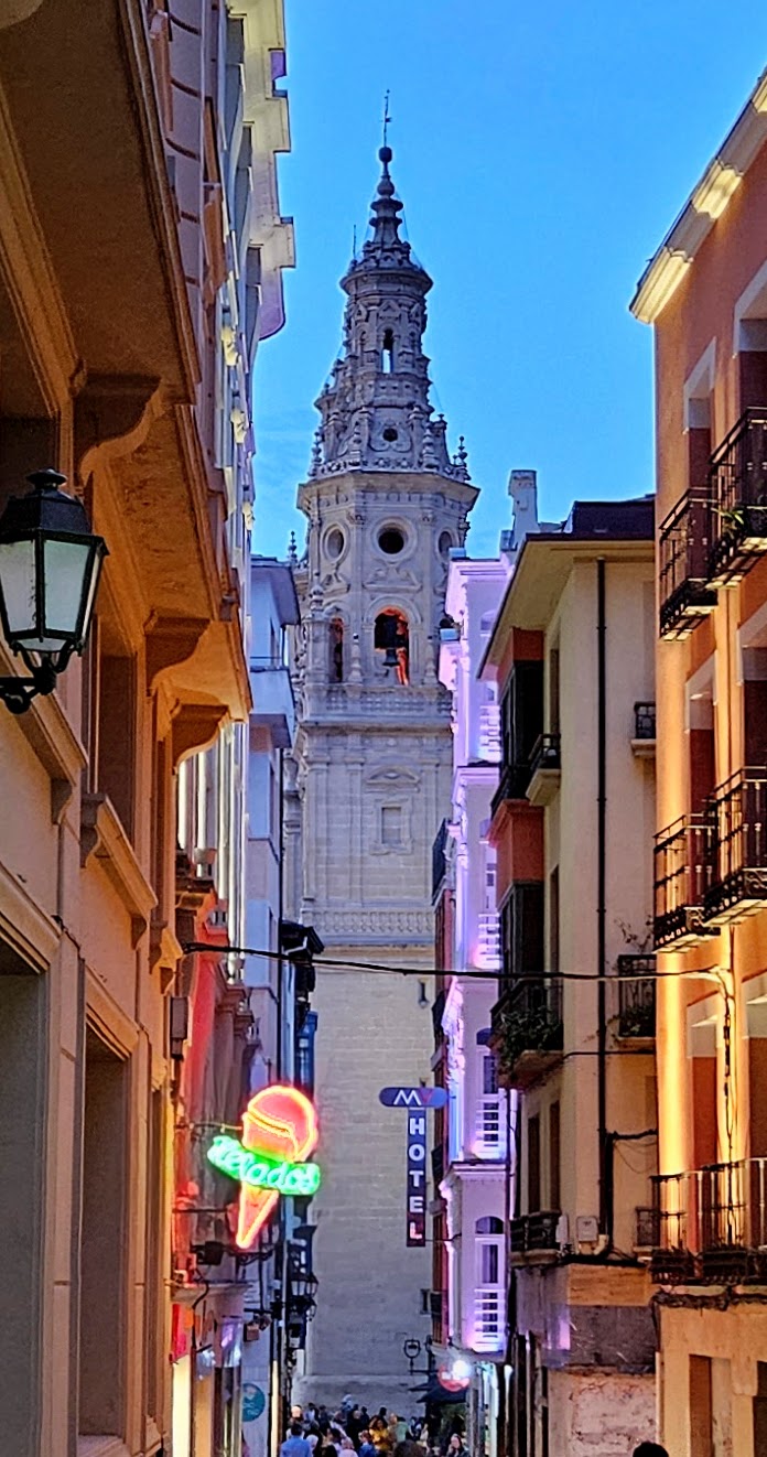 Co-Cathedral of Santa María de la Redonda seen through a street in the pinchos district