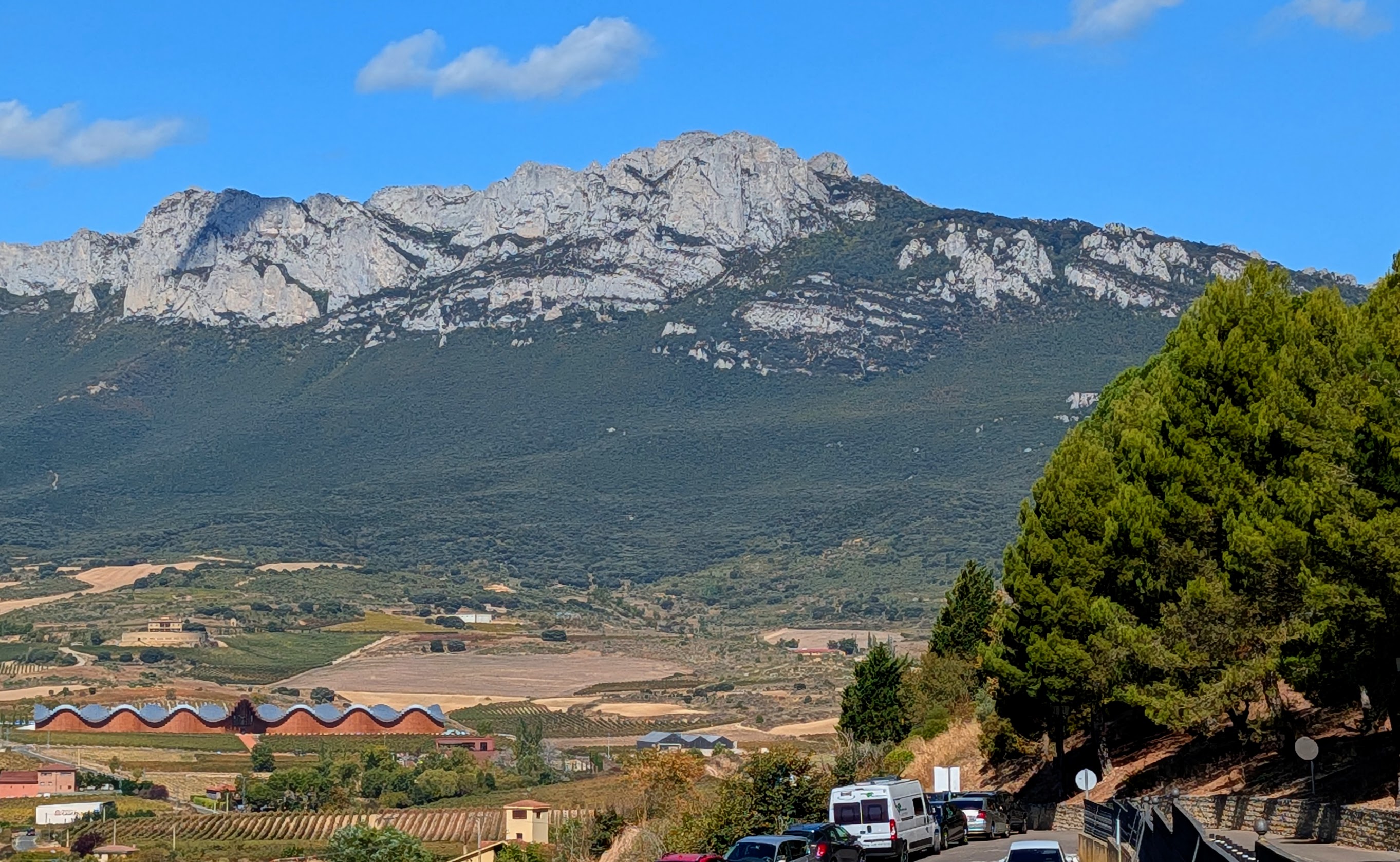 View from Laguardia shows Bodegas Ysios and Cantabrian mountains