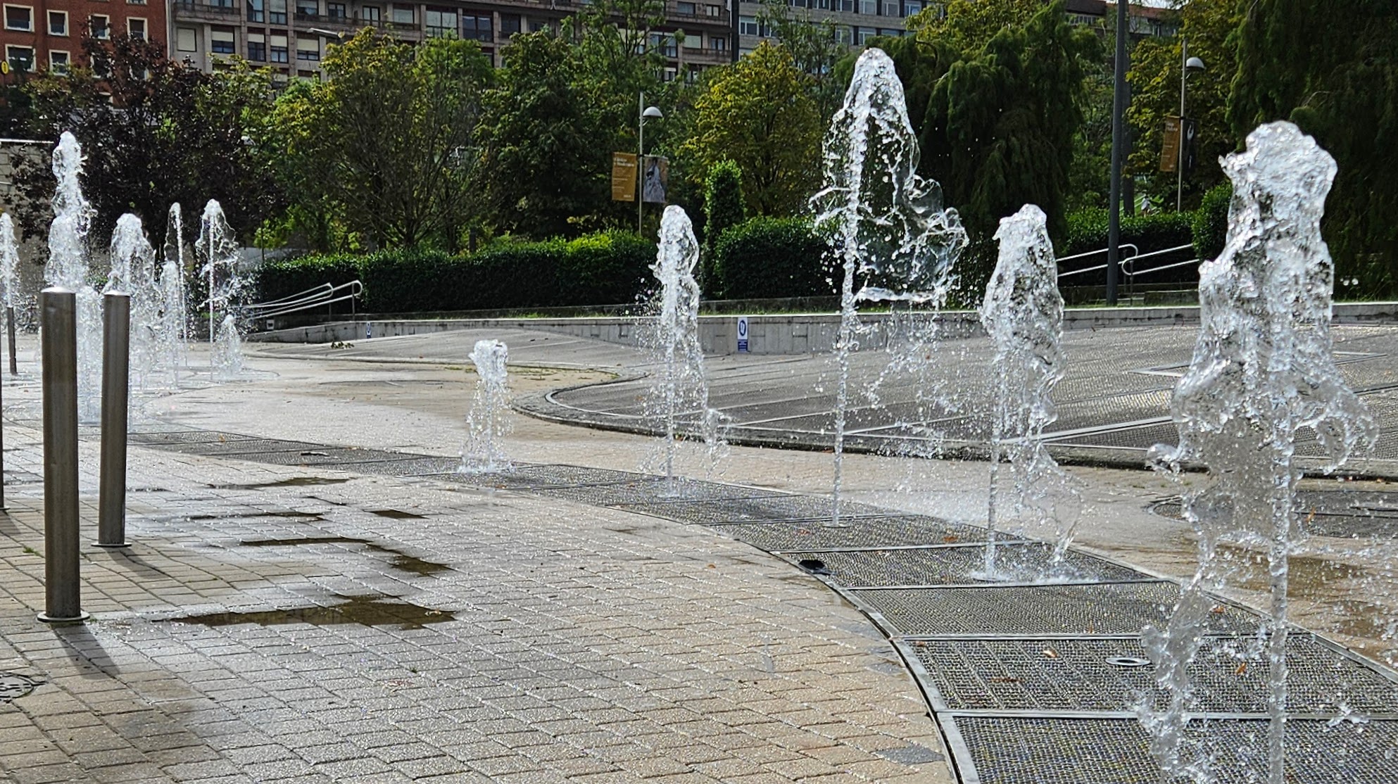 Scultpural fountains along a path