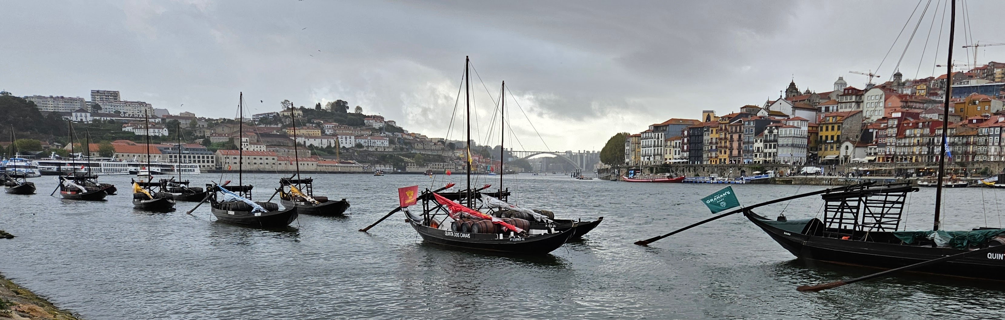Boats moored alongside the south side of the Douro River