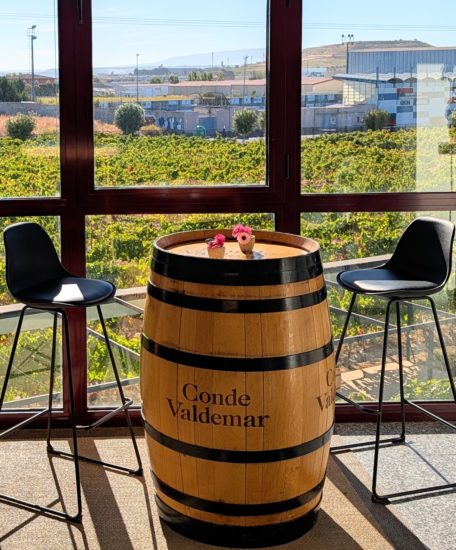 Conde Valdemar wine barrel and bar stools