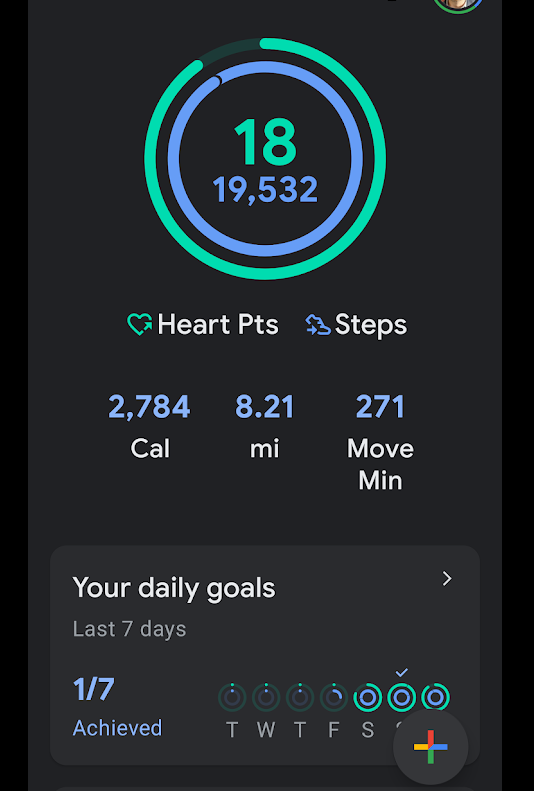 Fitness app showing 19,532 steps for the day